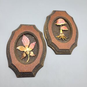 MCM Mushroom & Leaf Metal Copper Cork Back 3D Wall Art Plaques 1970s Set Of 2